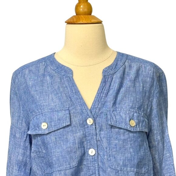 John Mark Linen V-Neck Blouse Long Roll Tab Sleeves Tie Waist Blue Resort Size S - Picture 2 of 11